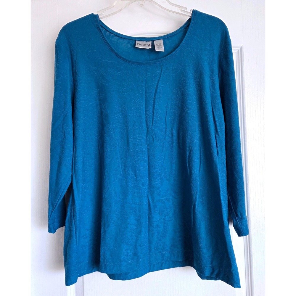VTG Chicos Teal Blue Floral Jacquard 3/4 Sleeve Top Size‎ 3/XL Cotton Blend